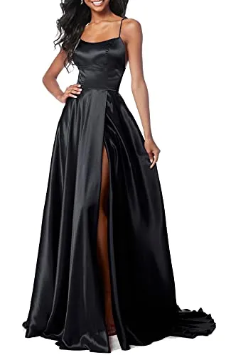 Lecureler Langes Satin-Spaghettiträger-Ballkleid