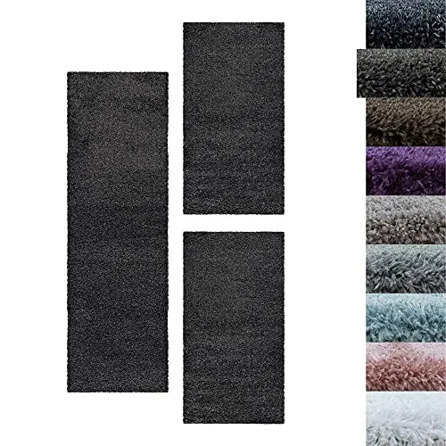 SIMPEX Bettumrandung Schlafzimmer 3teilig Shaggy Hochflor Teppich Grau Bettset: 2 mal 60x110 + 1 mal 80x250