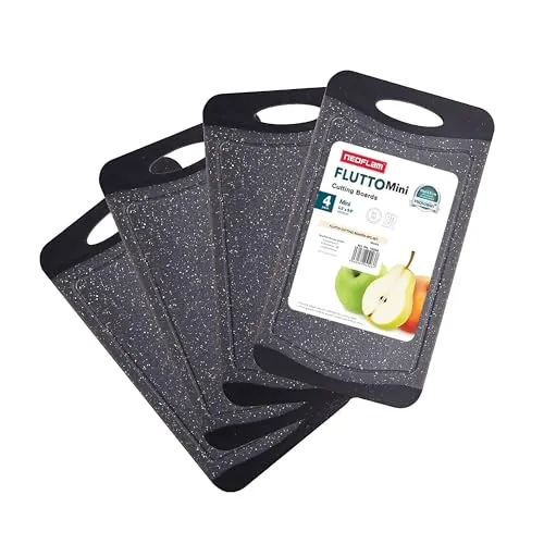 NEOFLAM® Frühstücksbrettchen spülmaschinenfest 25x14cm 4er Set - Schneidebrett Kunststoff BPA-frei, Brettchen rutschfest, Brotzeitbrett antibakteriell, Küchenbrett mit Saftrille, Marmoroptik schwarz