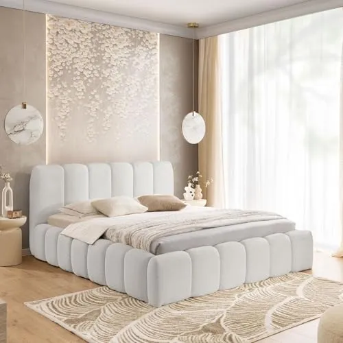 Home Collective Polsterbett Doppelbett Bett mit Stauraum viele Größen | Bettgestell mit Lattenrost weicher Bouclé Bezug mit Steppung niedriges Kopfteil | Schlafzimmer Möbel | Hellgrau 200x200 cm