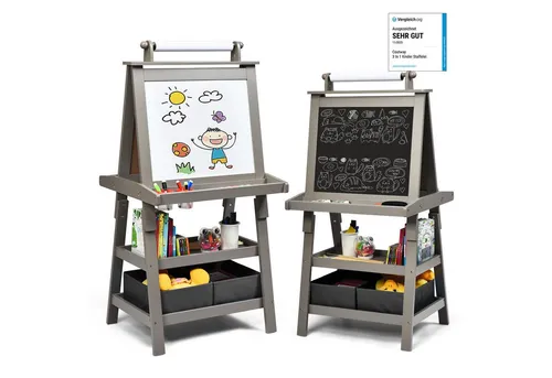 COSTWAY 3 in 1 Kinder Staffelei aus Holz - Spielmöbel mit 3-in-1 Funktion, doppelseitiger Kreidetafel und Whiteboard, ideal für kreative Kinder über 3 Jahren, inklusive Aufbewahrungsboxen und Papierrolle.
