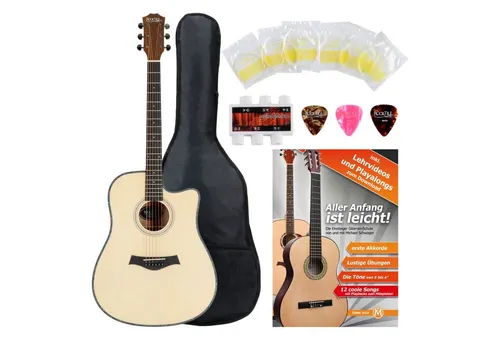 Rocktile Westerngitarre WSD-100C NT Akustikgitarre Starter Set, Starter Set, inkl. Tasche, Plektren, Ersatz-Saiten, Stimmpfeife & Gitarrenschule, Dreadnought mit Cutaway - Boden & Zarge: Mahagoni