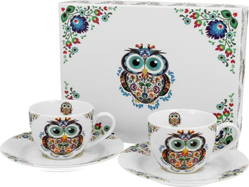 DUO ETNO 2er-Set Espressotassen 90 ml OWL mit Untertassen, New Bone China Porzellan