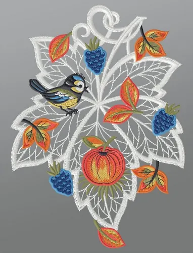 Plauener Spitze Fensterbild Herbstblatt mit Blaumeise - 21cm x 28cm - Hochwertige Fensterdekoration aus Plauener Spitze, made in Germany. Das mehrfarbige Herbstblatt mit Blaumeise ist waschbar und ideal für Naturliebhaber.
