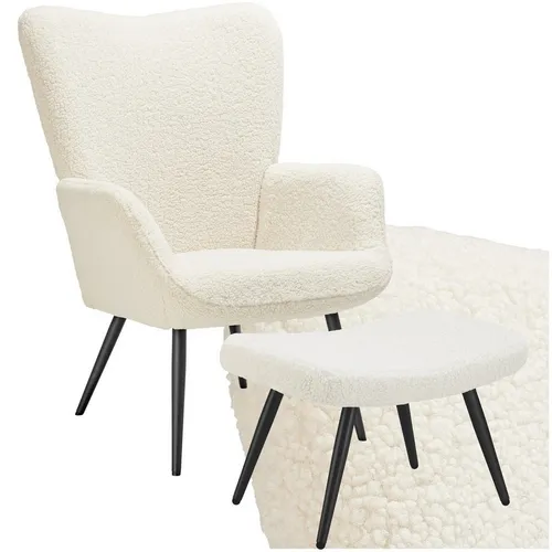 tectake Relaxsessel mit Hocker, Bouclé creme/schwarz