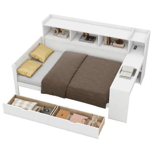Jugendbett mit Schreibtisch und Bücherregal 90x200 cm - Praktisches Einzelbett mit Schubladen und integrierter 4 in 1 Mehrfachsteckdose – ideal für kleine Räume und optimalen Stauraum für Bücher und Dekoration.