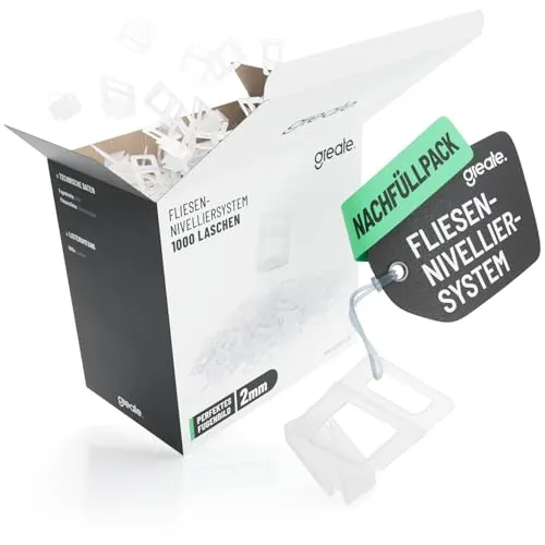 greate. Nivelliersystem 1000 Zuglaschen Fliesen Nivelliersystem 2mm - Abstandshalter für perfekte Fliesenverlegung, 1000 Laschen für 2mm Fugenbreite, sorgt für einheitliche Fugen und exakte Höhennivellierung ohne Kantenüberstand.