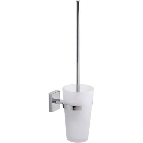 tesa KLAAM WC-Garnitur - Stilvolles Toilettenbürsten-Set - WC-Bürsten & Halter aus satiniertem Glas und verchromtem Edelstahl, montierbar ohne Bohren dank leistungsstarker Klebetechnologie. Ideal für eine elegante und unbeschädigte Wandmontage.