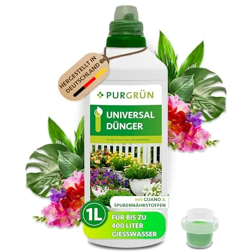Purgrün Universaldünger 1L - Flüssigdünger für gesunde Pflanzen - Dünger für alle Pflanzen in Haus und Garten, NPK 8+8+6 mit Guano und Aqua Plus für optimale Wasseraufnahme und kräftiges Wachstum.