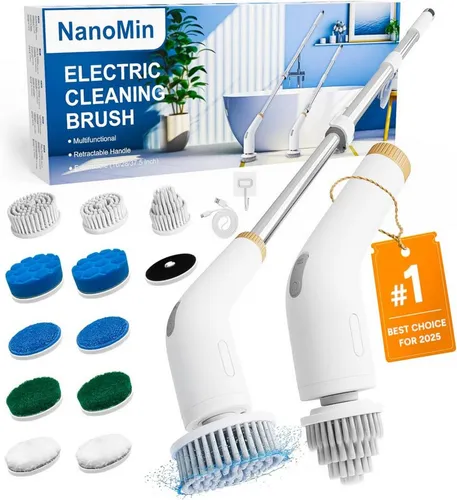 Vivitar Reinigungsbürste mit 11 Bürstenköpfen, Teleskopgriff, 2 Geschwindigkeiten kabellos, Bad, Küche, Auto, Fliesen & mehr, (Multifunktionaler elektrischer Spin Scrubber, Abnehmbarer Verlängerungsgriff, rückenschonend, leistungsstark, leicht & vielseitig), TYPE-C Schnellladung, für Bad, Küche, Auto, Fliesen & mehr