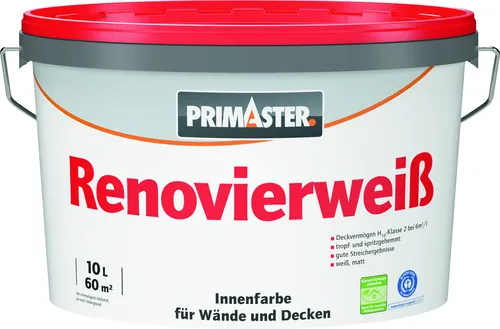 Primaster Renovierweiß Wandfarbe 10 L - Konservierungsmittelfrei - Wandfarbe in 10 L, ideal für eine gesunde Raumluft, konservierungsmittelfrei und perfekt für Renovierungen.