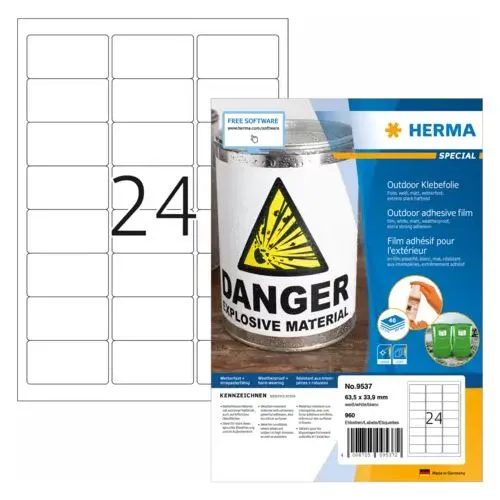 HERMA A4 Outdoor Klebefolie 63,5x33,9mm, 960 St. - Wetterfeste Etiketten für den Außenbereich, ideal für langlebige Beschriftungen und Organisation.