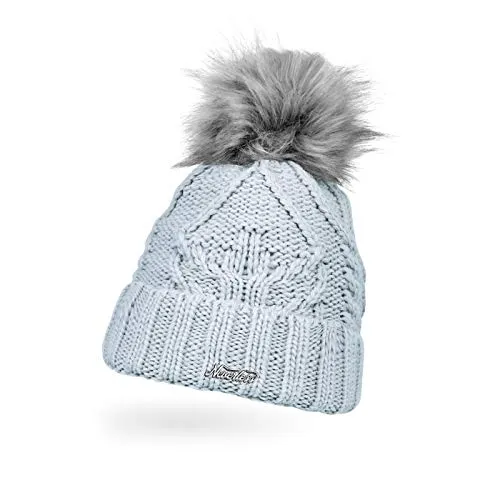 Neverless® Damen Strick-Mütze gefüttert Umschlag Fleecefutter Fell-Bommel Kunstfell Winter-Mütze Zopfstrick Bommelmütze hellblau Unisize