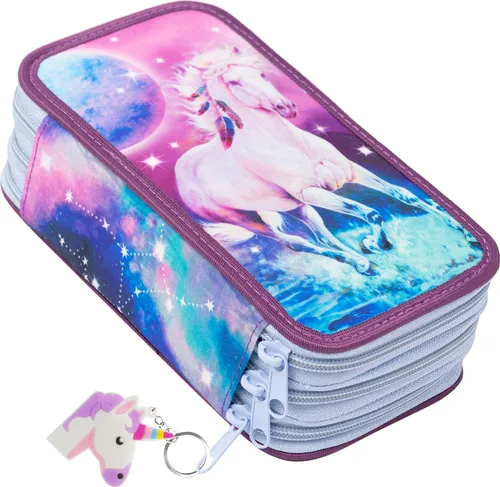 Mäppchen Federtasche 3 Fach Mond Pferd - Federmäppchen mit 3 Reißverschluss-Fächern – Ideal für Schule und Büro, bietet Platz für Schreibutensilien und mehr. Robustes Design und stilvoller Schlüsselanhänger inklusive.