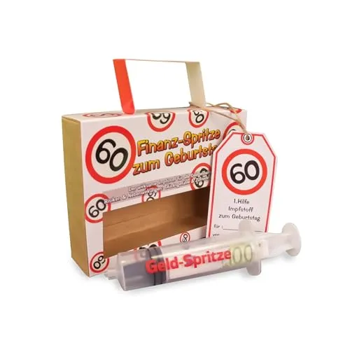 Tiwoca Geschenk 60 Geburtstag Geldspritze Verkehrszeichen rot/weiß - Originelles Geburtstagsgeschenk für einen gelungenen 60 Geburtstag Frau oder Mann