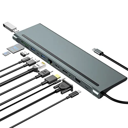 12-in-1 USB-C Docking Station - Vielfältige Dockingstation für tragbare Computer mit 12 Anschlüssen, einschließlich 4K HDMI und 100W PD-Ladefunktion für optimale Leistung und Konnektivität.