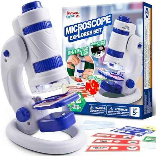 Klever Kits Mikroskop für Kinder, 2 in 1 Tragbare Mikroskop Set mit LED-Licht 60X-180X Lernspielzeug Wissenschaft Kit Spielzeug für Kinder 5 6 7 8 Jungen Mädchen Geschenk