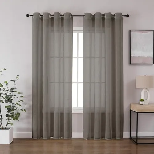 CUCRAF Leinenoptik Voile Vorhänge mit Ösen Gardine für Schlafzimmer Wohnzimmer, Leinenfarbe,2er Set