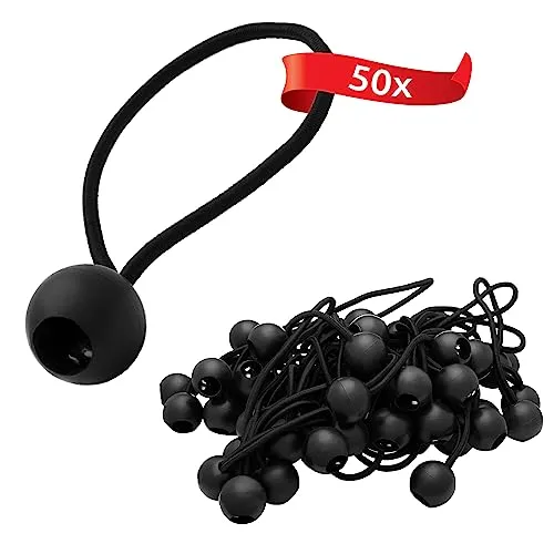ECENCE Spanngummis mit Kugel 50 Stück, Planenspanner, robuste Expanderschlingen mit Kunststoff-Kugel, Zeltgummis 15cm zum Sichern von Planen, Pavillons Schwarz