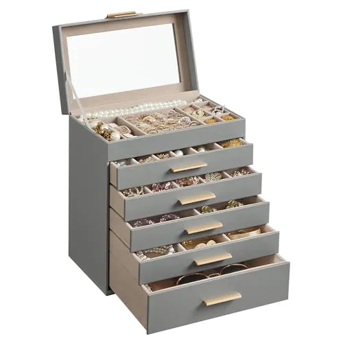SONGMICS Schmuckkästchen mit Glasdeckel, 6 Ebenen, 5 Schubladen | Schmuckaufbewahrung für Sonnenbrillen, modern, taubengrau-golden, GISELLA Kollektion JBC171G01