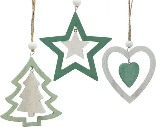 Christbaumschmuck Mix Grün Weiß Holzsterne Herz Tannenbaum 10cm Deko Set 9St VIANA, 9 Stück
