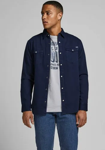JACK & JONES Herren JJESHERIDAN Shirt L/S NOOS 12138115, Dark Navy - Herrenhemden aus Bio-Baumwolle, umweltfreundlich und mit praktischen Brusttaschen für einen lässigen Look.