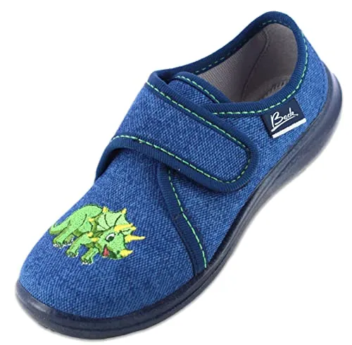 Beck Jungen Happy Dino Hausschuhe - Bequeme Hausschuhe aus 100 % Baumwolle mit fröhlichem Dino-Design, ideal für kleine Abenteurer zu Hause.