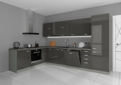 Küche Bianca Ecke II 210x330 cm - Küchenzeile in Hochglanz Grau, bietet viel Stauraum und modernes Design für Ihr Zuhause. Ideal für effizientes Kochen und stilvolles Wohnen.