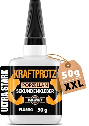 KRAFTPROTZ Sekundenkleber für Keramik & Porzellan – XXL 50 g - Klebstoffe – Extra starker, hitzebeständiger Kleber für präzise Reparaturen an Geschirr, ideal für Haushalt und Werkstatt. XXL 50 g für mehr Inhalt und weniger Nachkauf.