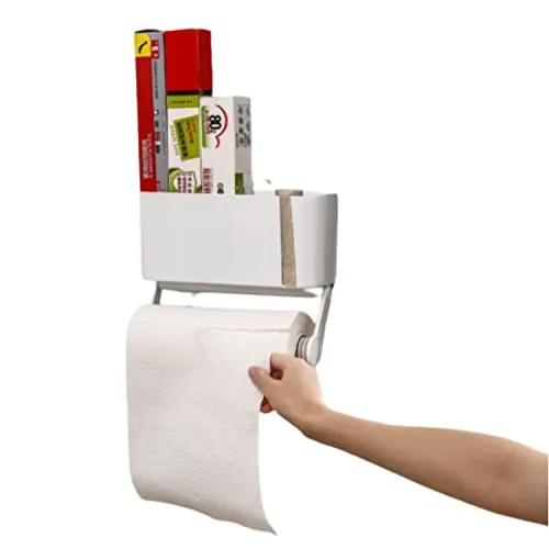 CRELIV Küchenrollenhalter Kühlschrank, Küchenaufbewahrung, Küchentücherhalter, Küchenpapierhalter mit 2X Aufbewahrungsfächen für Abfallsäcke Backpapier und Alufolie, Starke Magnetkraft