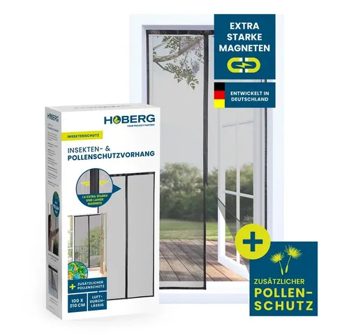 HOBERG Fliegengitter Tür mit XXL-Magnetbändern | Insektenschutz für Balkontür | 100 x 210 cm - Effektiver Insektenschutz für Balkon- und Terrassentüren: Der HOBERG Fliegengitter-Vorhang bietet eine feine Maschenstruktur und schließt dank 14 Magnetbändern lückenlos. Schnell montiert ohne Bohren – ideal für Allergiker und entspannte Sommerabende!