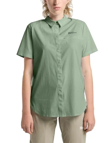Jack Wolfskin Damen Vandra S/S Shirt W Bluse, Eucalyptus, XS EU - Freizeithemden, atmungsaktives und feuchtigkeitsregulierendes Shirt mit schnelltrocknendem Material und praktischer Brusttasche.