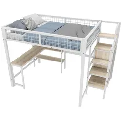 Redom Hochbett, Weiß, Metall, 140x200 cm – Multifunktionales Kinderbett - Dieses stilvolle Hochbett bietet eine erhöhte Liegefläche und vereint Schlafplatz, Arbeitsplatz und Stauraum. Die clevere Konstruktion mit Schreibtisch und Regalen optimiert den Raum und ist ideal für kleine Zimmer.