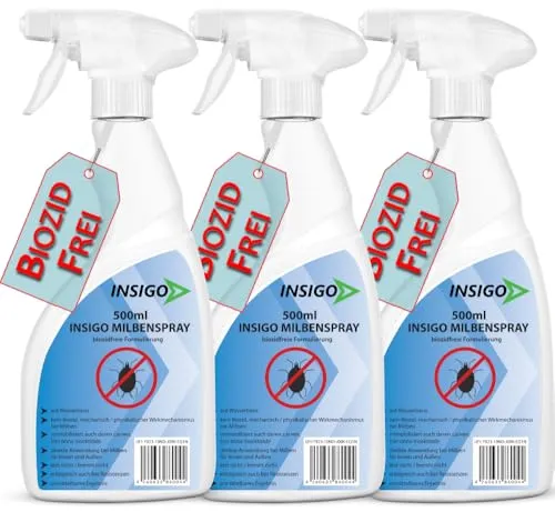 NEU Biozidfreie Milben Abwehr 3x500ml – Mittel für Hausstaubmilben abwehren – Milbenspray für Matratzen – Fleckenfrei – Milben Spray INSIGO