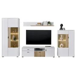 Wohnwand Hortuna, weiß, 320 cm Breite - Moderne Wohnwand in weiß, ideal für Ordnung im Wohn- und Esszimmer. Hochwertige Materialien und pflegeleichte Oberfläche sorgen für Langlebigkeit und Stil.