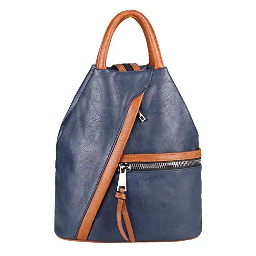 OBC Damen Rucksack Tasche Schultertasche Leder Optik Daypack Backpack Handtasche Tagesrucksack Cityrucksack Blau-Braun