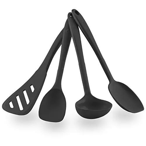 Kochblume Küchenhelfer-Set - Design-Schlitzwender L & Soßenlöffel L & Schöpfkelle L & Flexlöffel L 4er Set | Premium-Silikon | Hitzbeständig | Spülmaschinenfest | Farbe: anthrazit