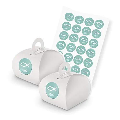 itenga Set Fisch 24x Geschenkschachteln inkl Sticker Aufkleber für Gastgeschenk Taufe Kommunion Konfirmation (Türkis (mit Text), Karton (Weiß))