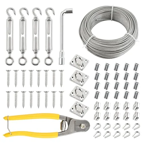 50m Drahtseil 2 mm, Stahlseil mit ösen, 67 Pcs Kit Edelstahlseil 7x7 PVC Coated, 4 Seilspanngarnitur, 20 Crimpschlaufen, 10 Drahtkabel Kauschen, 10 Drahtseilklemme, 4 Augenbolzen, Wäscheleine