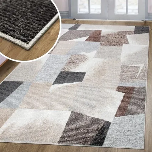 oKu-Tex Teppich Wohnzimmer | Harmonia | Wohnzimmerteppich | modernes Muster | Skandi Design | Patchwork | Hoch-Tief-Effekt | Beige | 120 x 170 cm