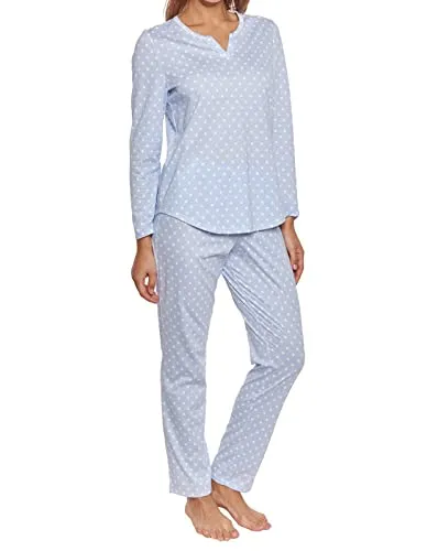 Rösch Damen Schlafanzug Baumwolle Punkte Streifen Langarm 1884146 c16361, 46 - Schlafanzug für Damen aus 100% Baumwolle, angenehm weich und maschinenwaschbar. Ideal für gemütliche Nächte, mit V-Ausschnitt und gerundetem Saum.