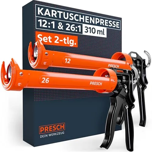 Presch Kartuschenpressen Set 26:1 & 12:1 inkl. Nachlaufstopp - Silikonspritzen für Kartuschen bis 310ml (Acryl, Silikon bis Montagekleber) - Kartuschenpistolen 360° drehbar inkl. Einstechwerkzeug