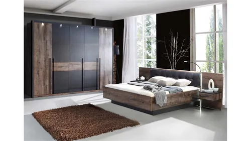 Schlafzimmer Bellevue Set mit Drehtürenschrank in Schwarzeiche und Schlammeiche