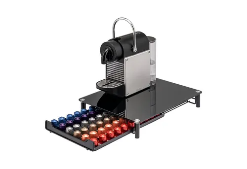 bremermann Kaffeekapsel-Box für 60 Nespresso-Kapseln - Schubladen für Kaffeekapseln, stilvoller Kapselspender aus Metall mit Glasplatte für einen ordentlichen Überblick und Platz für Ihre Kaffeemaschine.