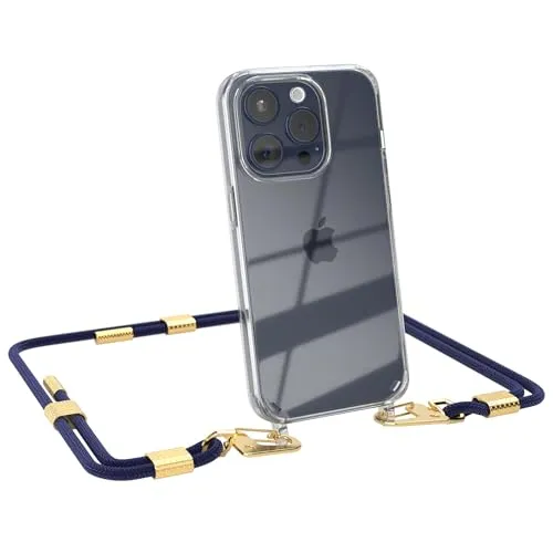 EAZY CASE - Handykette mit Karabiner kompatibel mit iPhone 15 Pro - Hülle Silikonhülle Fallschutz transparente Handyhülle Kette zum Umhängen Schutzhülle in Nacht Blau - Clips Gold
