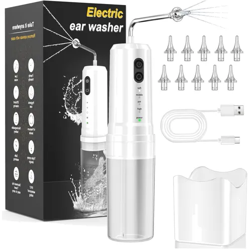 KIMTAR Ohrenschmalz Entferner – Elektrische Ohrendusche mit 4 Druckmodi - Ohrreiniger für Babys mit IPX7 wasserdichtem Design und 10 austauschbaren Düsen, perfekt für die ganze Familie – hygienisch und praktisch für eine individuelle Ohrenreinigung.