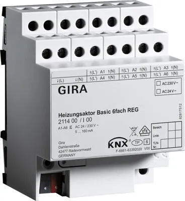 GIRA Heizungsaktor 211400 6f KNX REG - Thermostat für Heizungssteuerung, 6-fach Ausgänge, überlastsicher und ideal für effiziente Heizungs- und Kühlanwendungen.