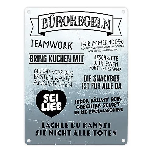 Büroregeln Metallschild in 15x20 cm Blechschild für das Büro Dekoration witzig mit Sprüchen Regeln im Büro Deko für den Arbeitsplatz Verhaltensregeln lustig