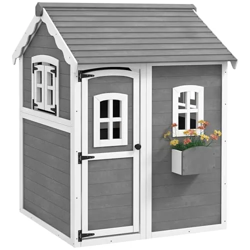 Outsunny Kinderspielhaus aus Holz Kinderhaus Outdoor mit Tür, Fenster, Gartenhaus mit Pflanzkasten, Spielhaus für Kinder 3-8 Jahre