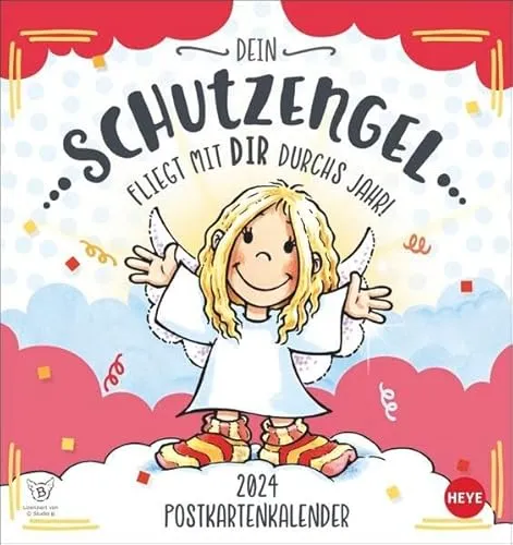 Schutzengel Postkartenkalender 2024. Liebevoll illustrierter Kalender zum Aufstellen und Aufhängen. Kultiger Postkartenkalender. Kleiner Kalender mit 12 süßen Postkarten.